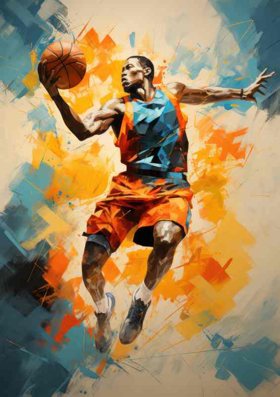 Basketball player doing an intricate_jump in color | Poster