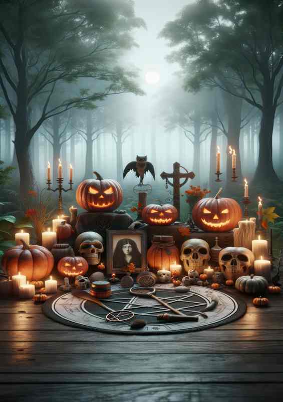 Wiccan altar setup for Samhain with carved pumpkins | Poster