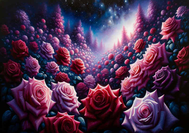 A rose garden bathed in the gentle glow of starlight | Poster