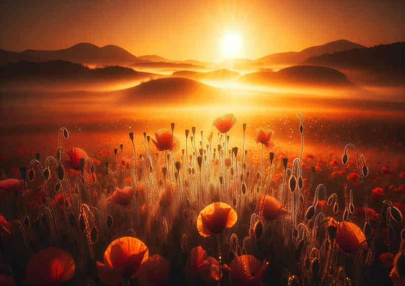 Morning Radiance poppies bathed in the golden light of dawn | Poster