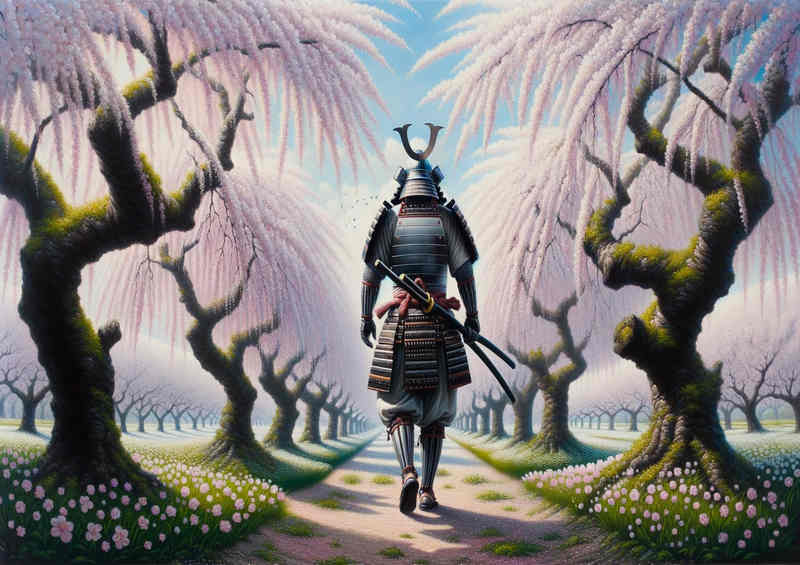 Blade a samurai walking through a serene cherry orchard | Poster