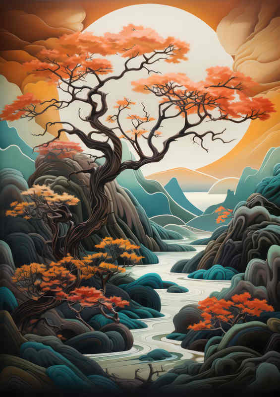 Mountains in japan with a lush tree | Poster