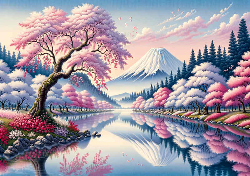 Cherry Blossom Charm and Fuji a serene riverside scene | Poster