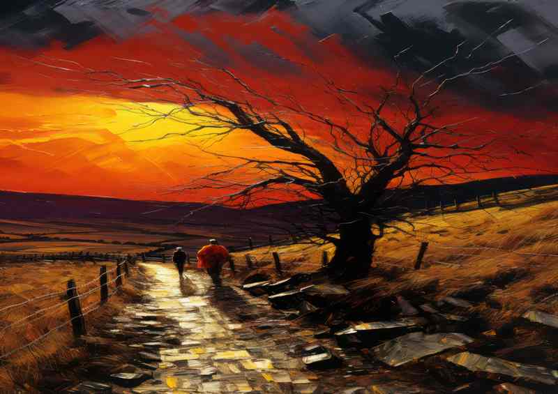 Lonely tree down the single track evening sky | Canvas