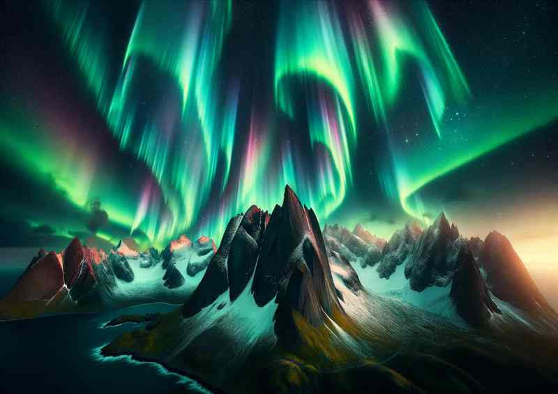 Aurora Borealis in full splendor towering mountains | Poster
