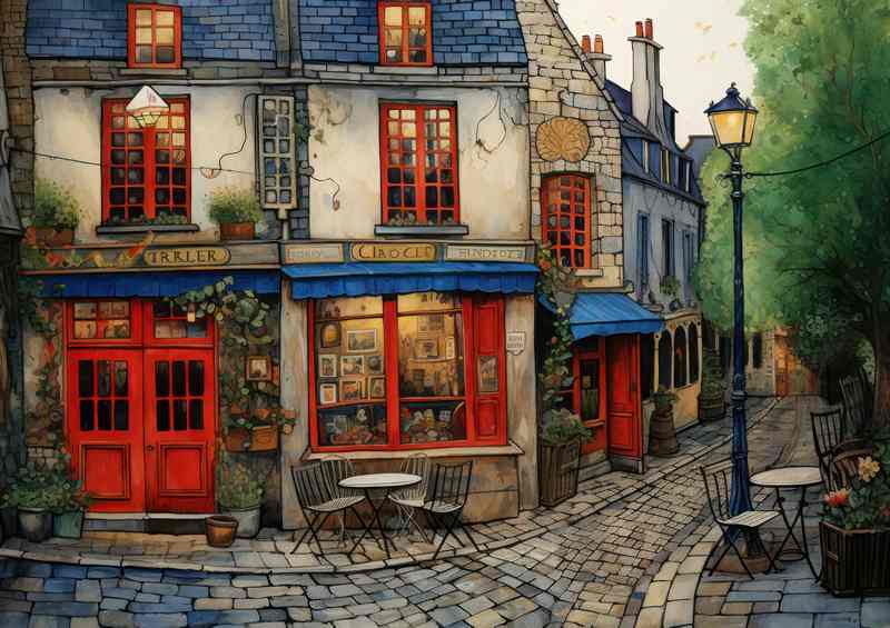 Caffe corner where tea and cakes served | Metal Poster