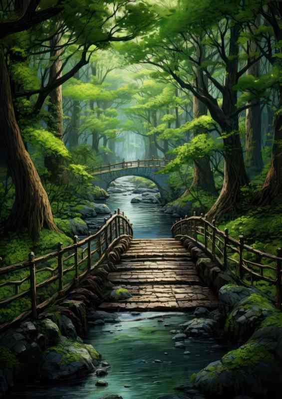 A Wooden bridge over the river with trees surrounded | Poster