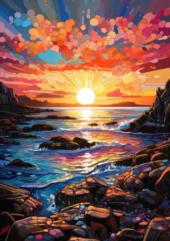 Beach with rocks in a setting sun | Metal Poster