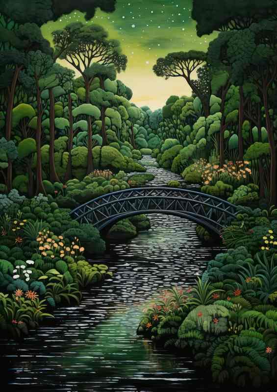 Bridge over the river with green trees | Poster