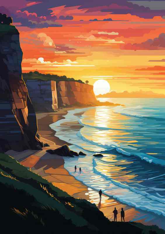 Cliffs and a beach scene with setting sun | Poster