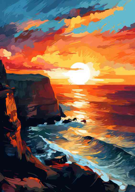 Setting sun over the sea and cliff tops | Poster