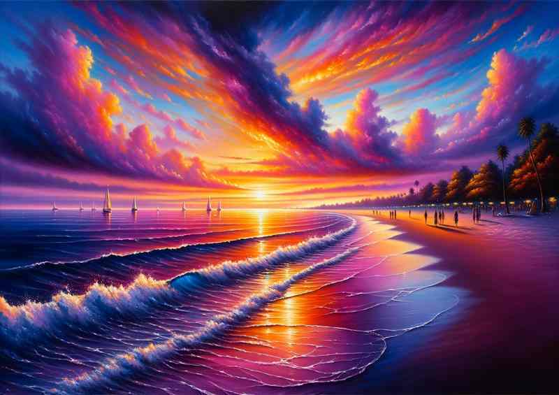 Beachfront Blaze a beach during sunset The tranquil waves | Poster