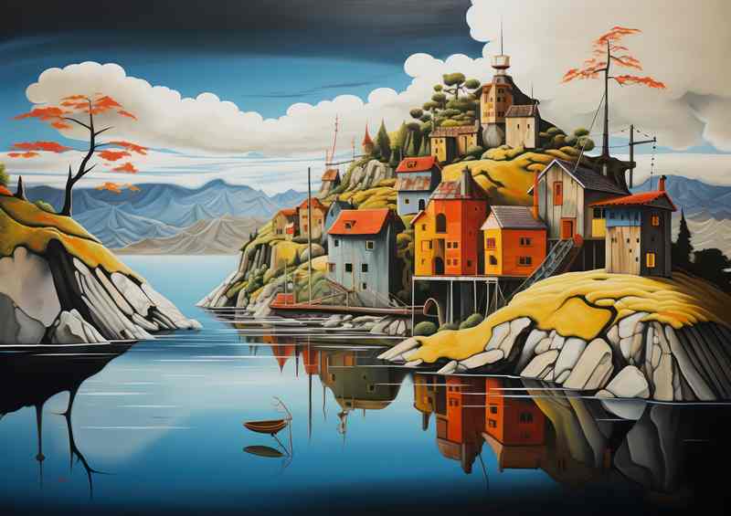 Houses nestled on the hil surrounded by the sea | Poster