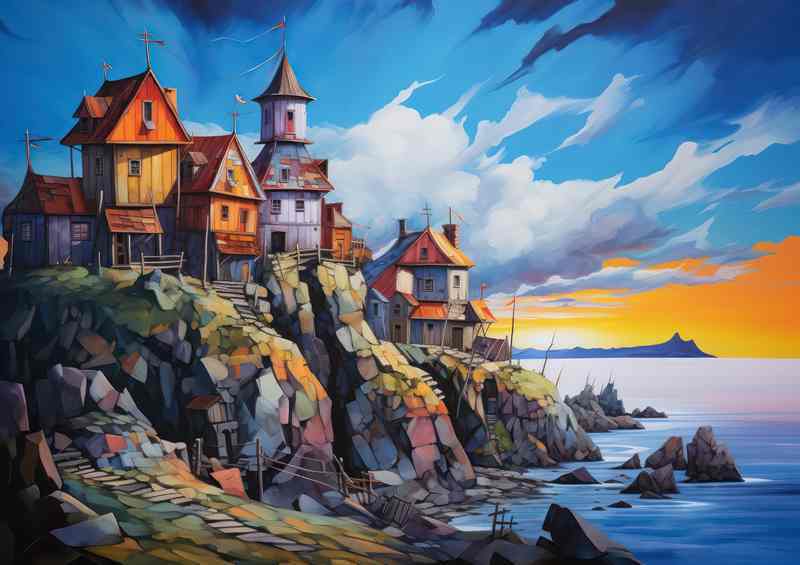 the little habour with the village houses by the sea | Poster