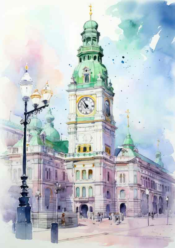 A Clock tower painted water colours style | Canvas