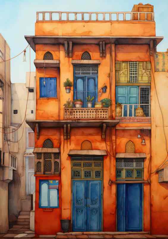 Painted style of a orange house buidling | Metal Poster