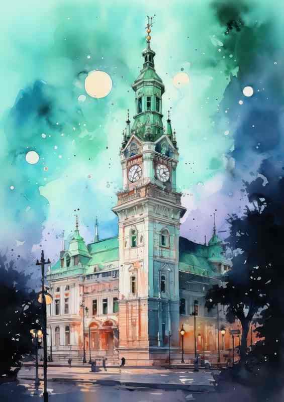 The Tower clock in a fresh watercolour style | Metal Poster