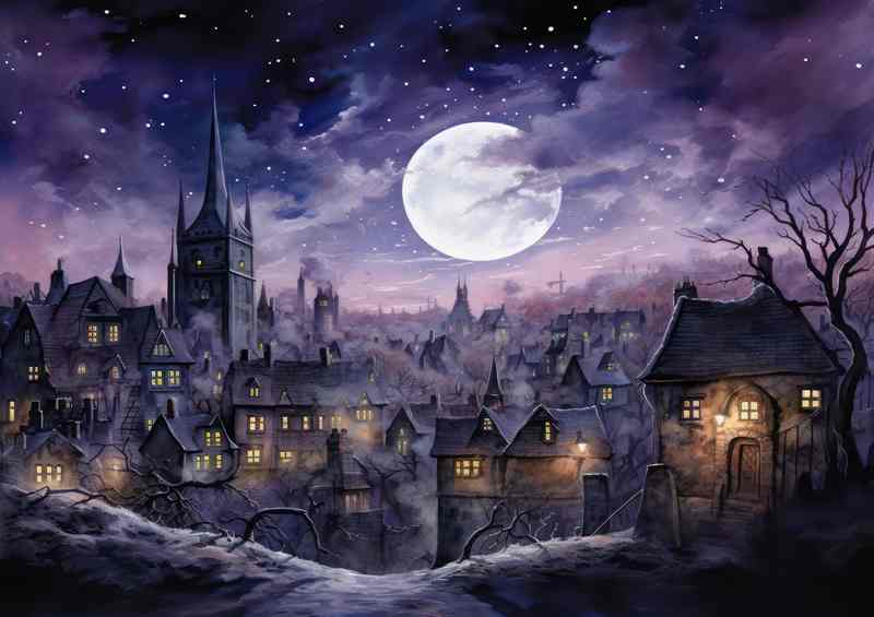City at night with full moon | Canvas