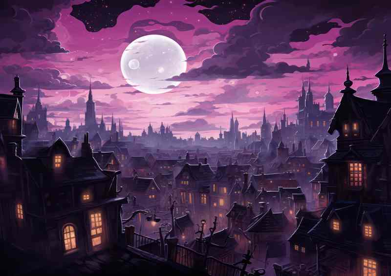 City with a cloudy purple sky at night | Canvas