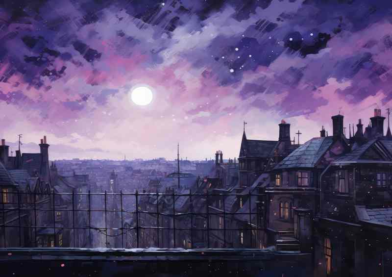 Purple sky at night in the city centre | Metal Poster