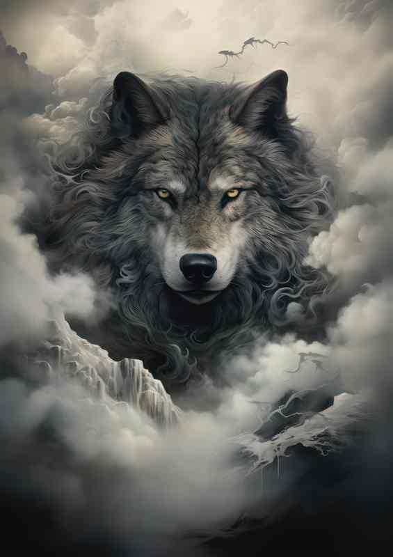 Black and white wolf surrounded by mist and fog | Poster