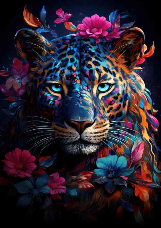 Leopard Blue Eyes Flower Metal Poster