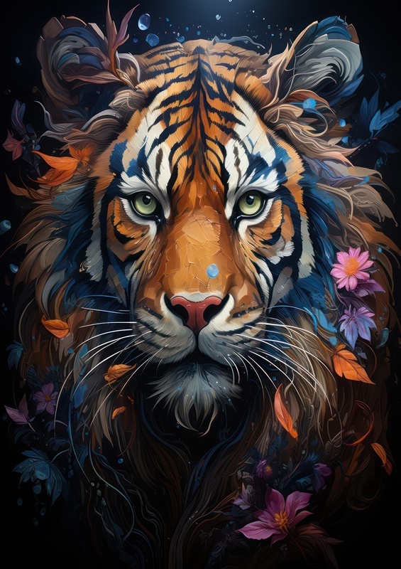 Colourful majestic Tiger surrounded by flowers | Di-Bond