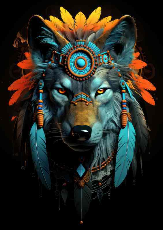 Indian wolf with feathers on a black background | Poster