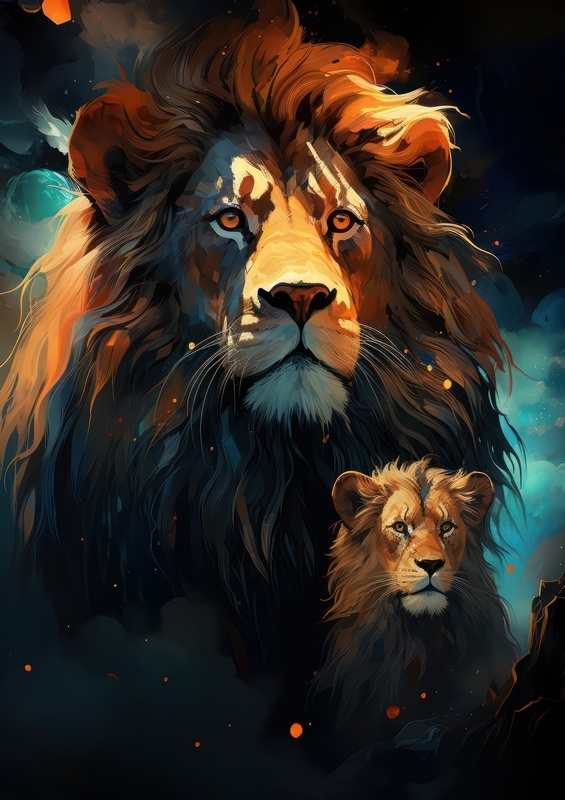 Lion and baby lion cubo a black lion with baby | Di-Bond