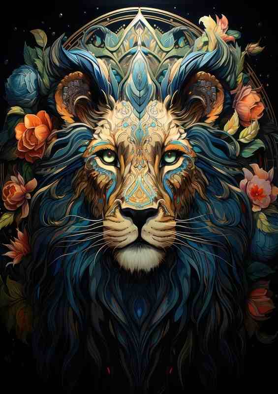 Lion head with flowers looking majestic | Poster