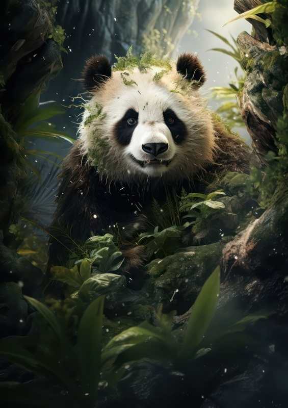 Panda in bamboo mountains with green folliage | Poster