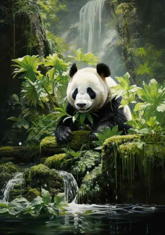Panda in the bamboo near a waterfall | Canvas