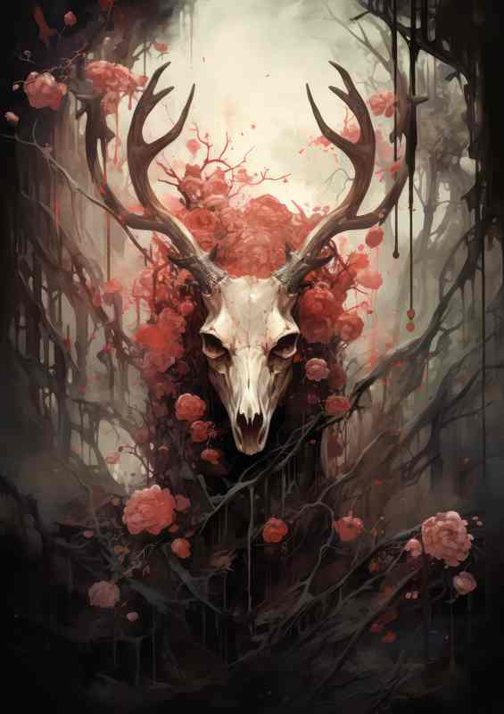 Skull of a Deer surrounded by woodlands and red flowers | Poster