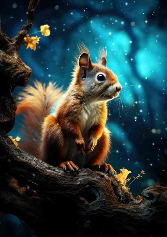 Squirral on a branch during the evening time | Metal Poster