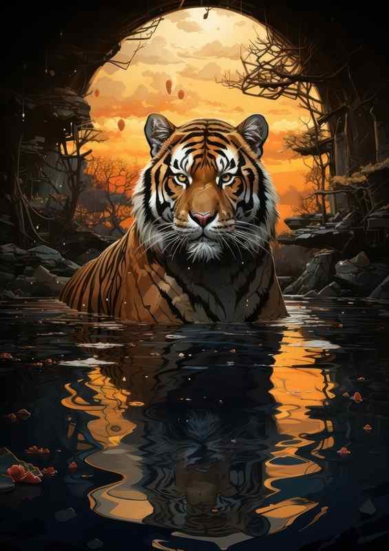 Tiger Playing in the water with its reflection | Di-Bond