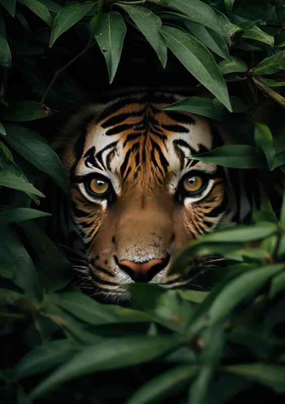 Tigers face peeking out form the bushes | Canvas