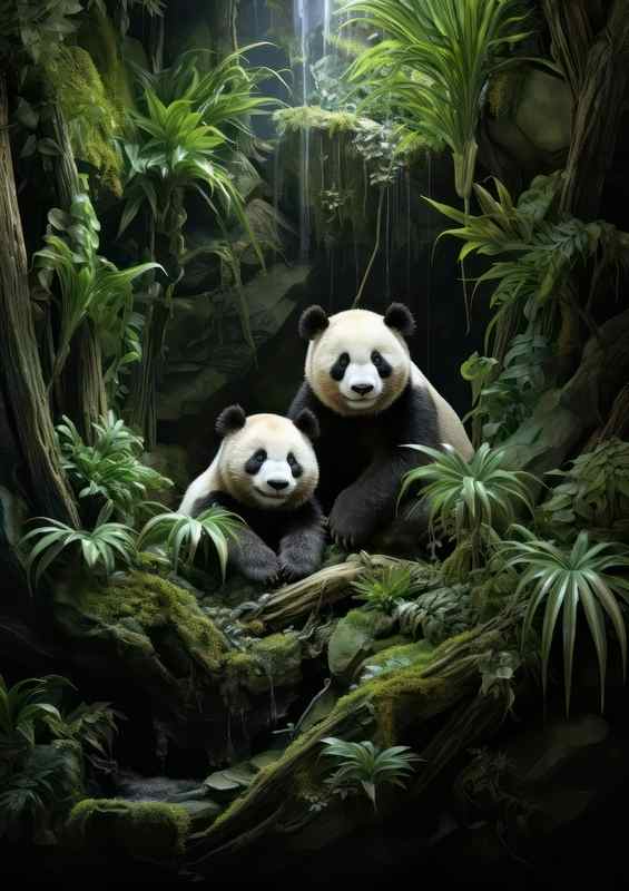 Two pandas in the bamboo near a waterfall | Canvas