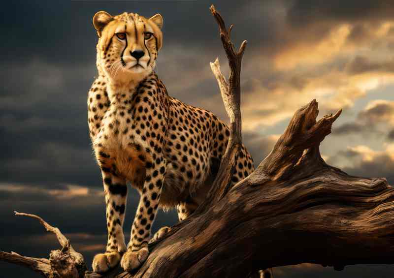 A Cheetah standing on top of a dead tree | Canvas