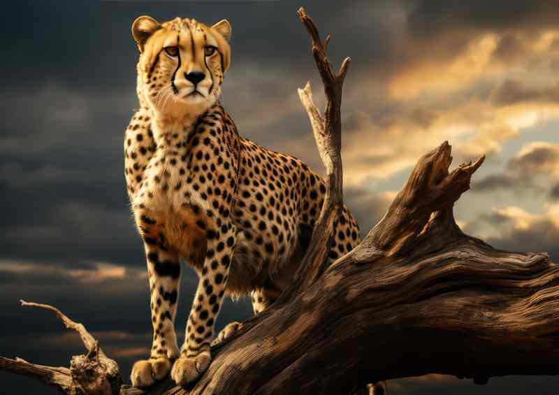 A Cheetah standing on top of a dead tree | Di-Bond