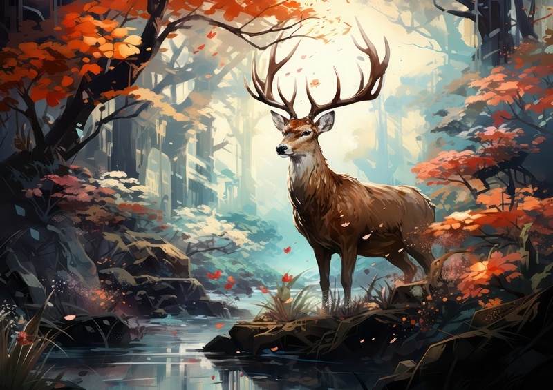 A Deer in the forest with lots of trees and a stream | Canvas