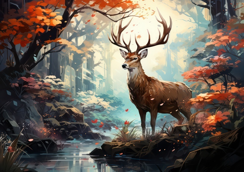 A Deer in the forest with lots of trees and a stream | Metal Poster