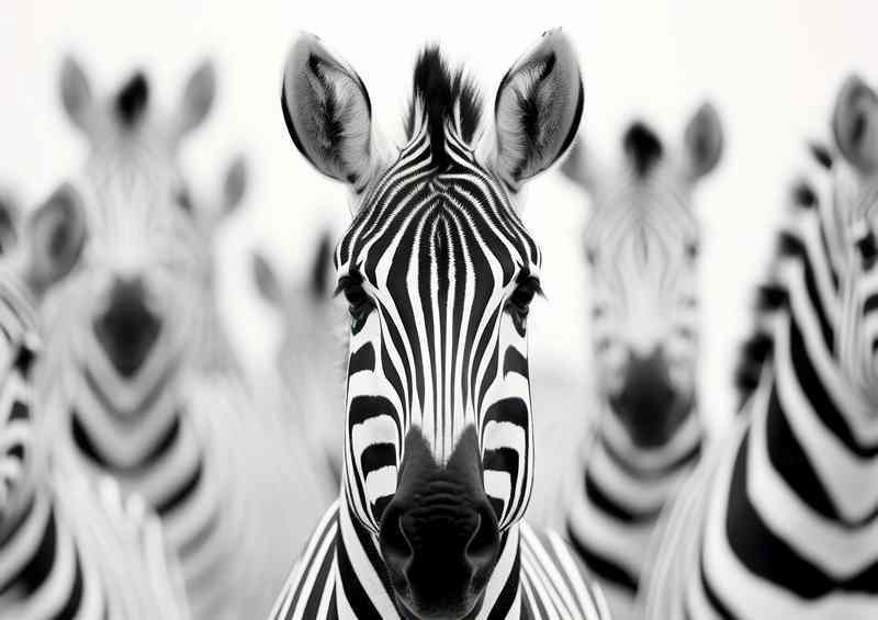 A Hurd Of Zebras one looking down the lenz of a camerfa | Di-Bond