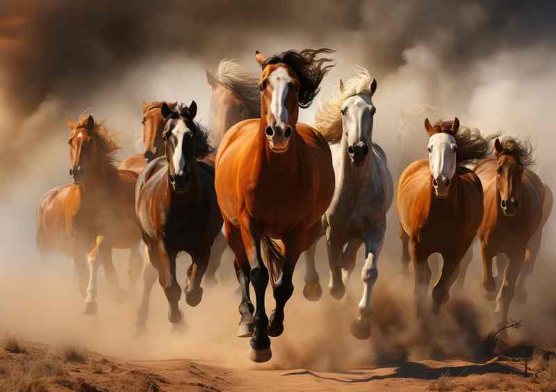 A Large group of horses running on a dirt road | Poster