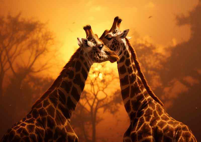 Giraffes Kiss in African Sunset (45 characters)