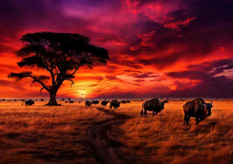 A group of wildebeest traveling through the grassy plane | Canvas