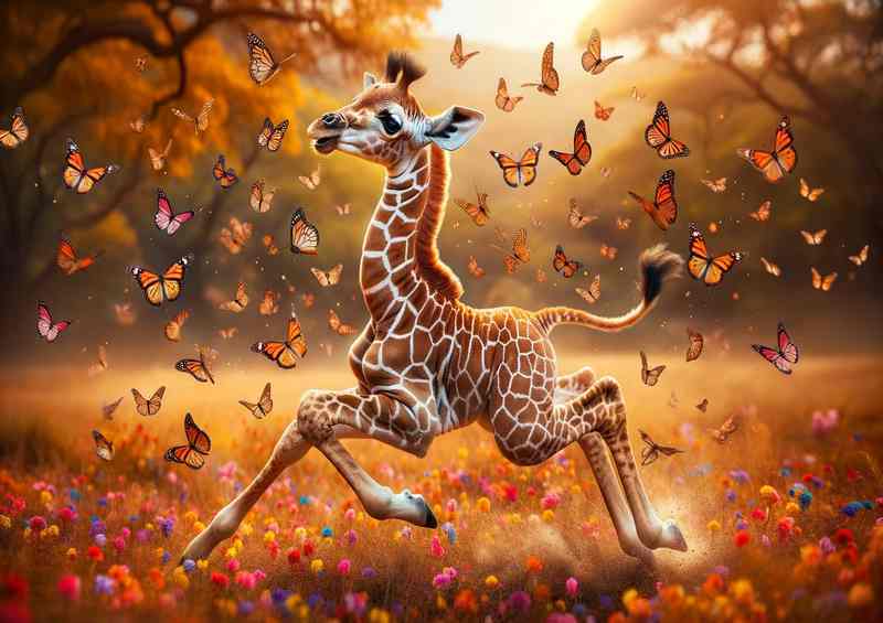 African Adorable Baby Giraffe Chasing Butterflies Poster