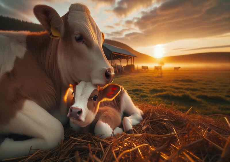 Calf Cuddles a baby calf nuzzling its mother in the barnyard | Poster