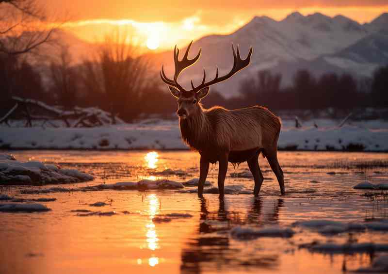 Elk in the snow at sunset | Canvas