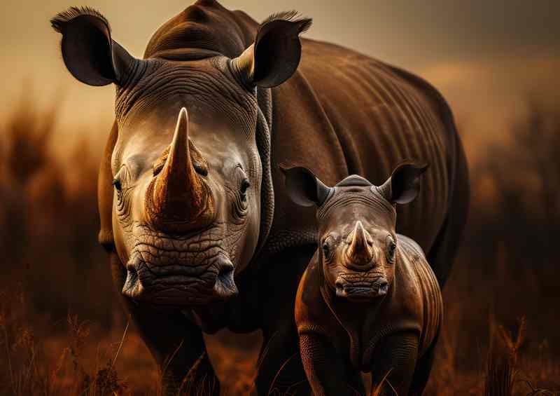 Mama and child Rhino In the savannah malawi | Poster