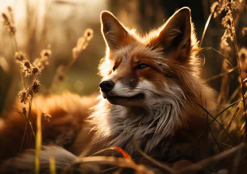 Red Fox Laying in the grass at sunset | Canvas